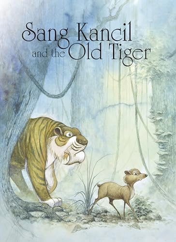 A tiger and a small mouse deer in a misty forest, book cover illustration.
