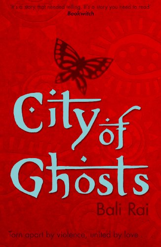 Red book cover with teal title "City of Ghosts" and a black butterfly.