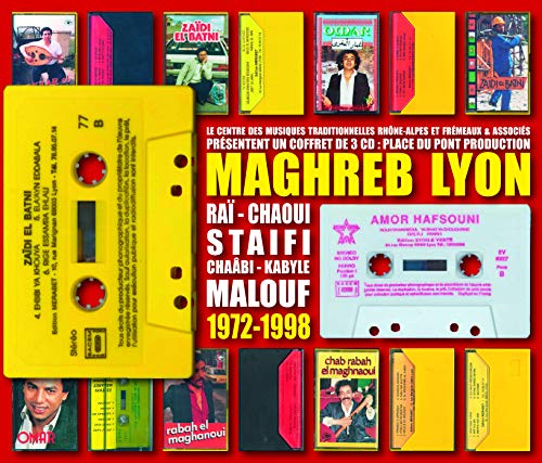 Three cassette tapes with portraits and text, labeled “Raï - Chaoui - Staifi - Kabyle - Malouf.”