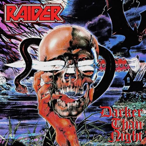 Album cover: skull with snake and knives, dark fantasy landscape.