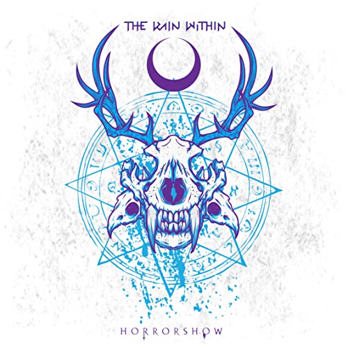 Animal skull with antlers inside a blue geometric and occult design.
