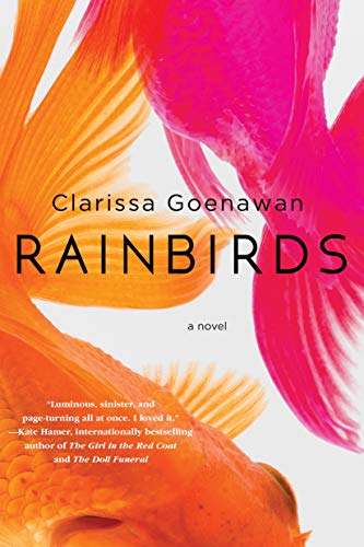 Book cover for "Rainbirds" with abstract orange and pink fish shapes.