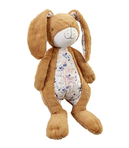 Brown plush rabbit toy with floral patterned belly and "I Love You" text.