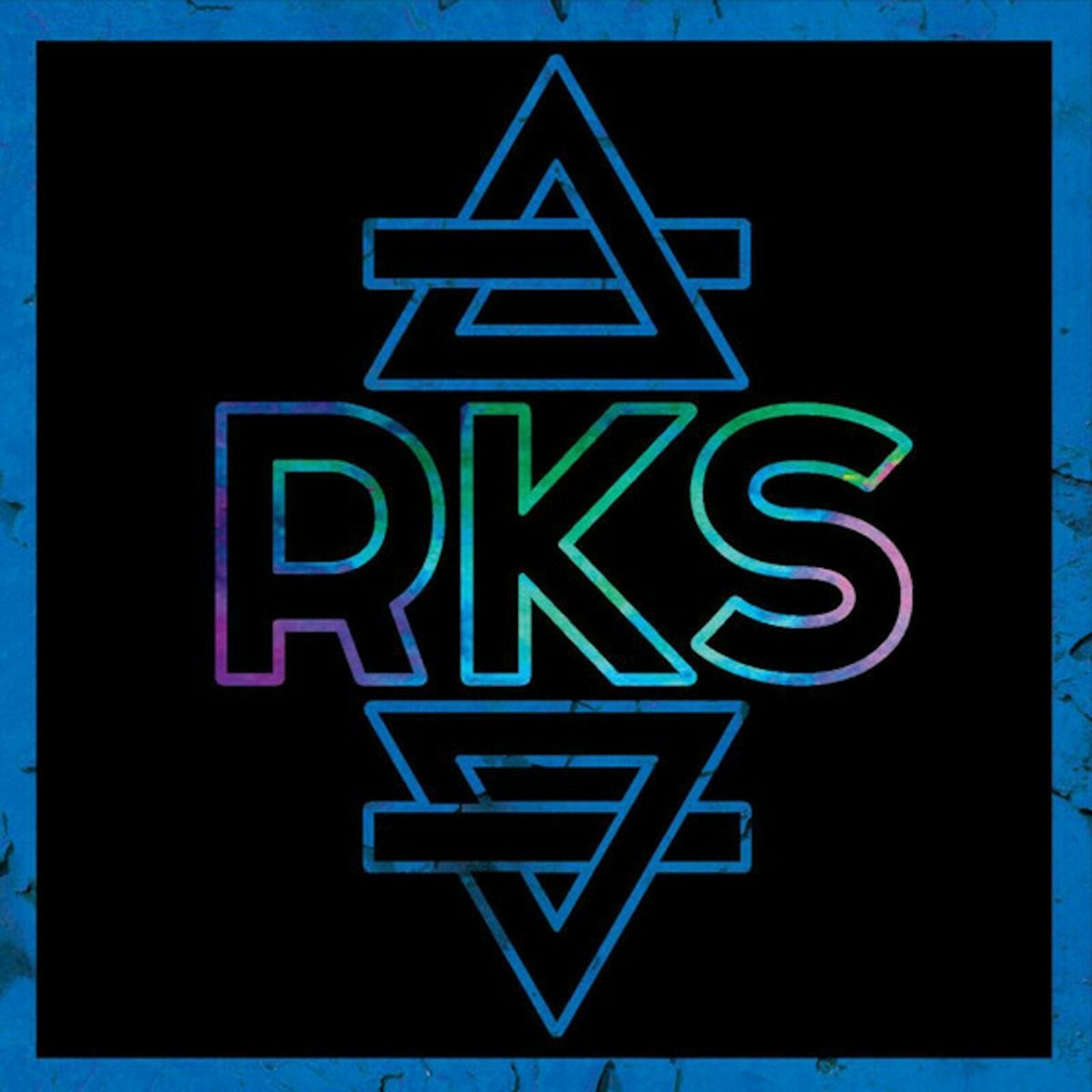 The letters RKS in rainbow colors centered between two blue geometric triangle symbols.