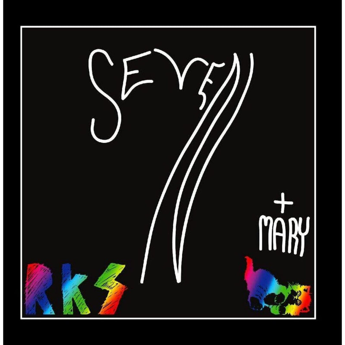 Album cover for Rainbow Kitten Surprise’s “Seven Mary” with white text and colorful graphics.