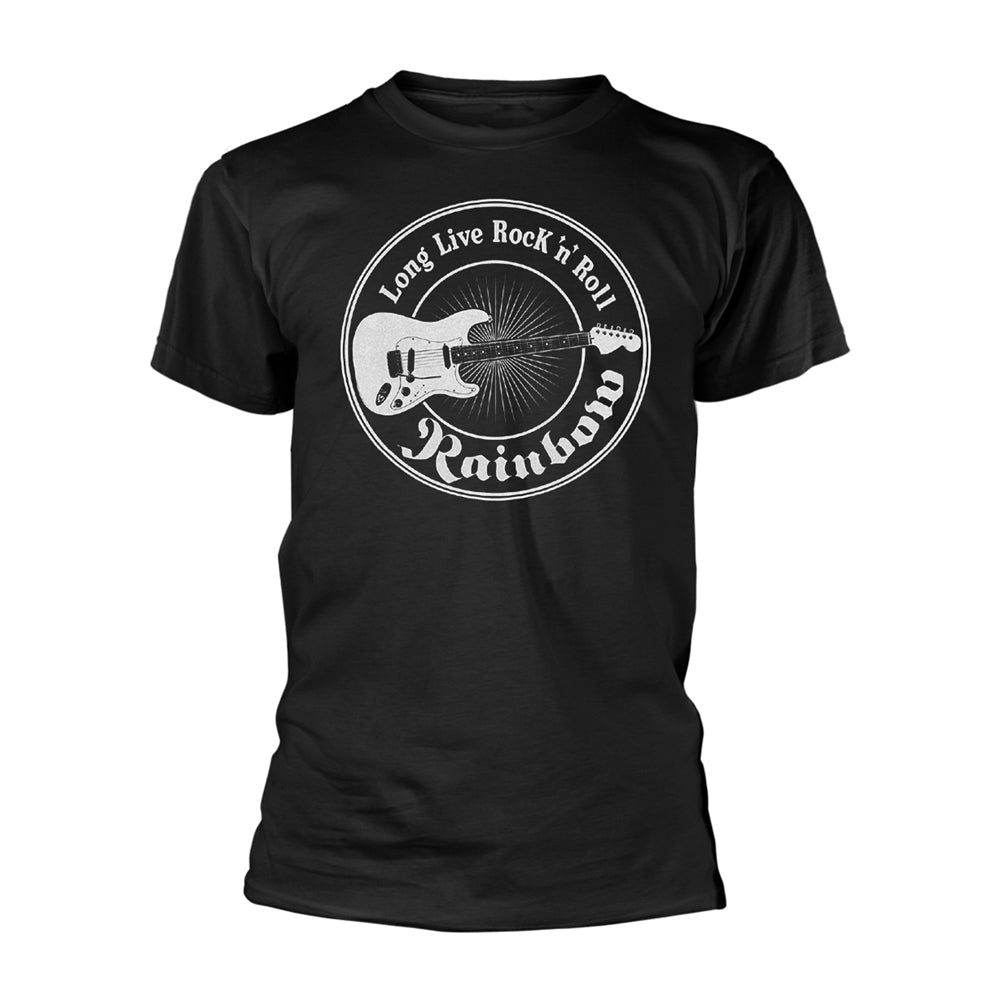 Black t-shirt with a white graphic of a guitar and text.