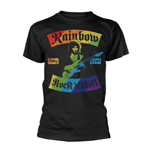 Black t-shirt with a colorful Rainbow band graphic featuring Ritchie Blackmore.