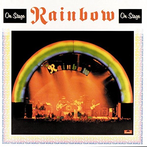 CD cover for Rainbow On Stage featuring a band performing under a rainbow arch.