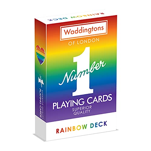 Rainbow-colored deck of Waddingtons Number 1 playing cards, box front view.