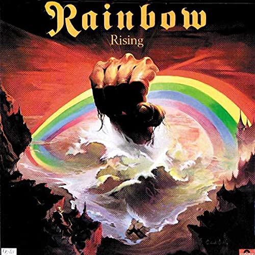 Album cover showing a giant hand emerging from a rainbow over a rocky landscape.