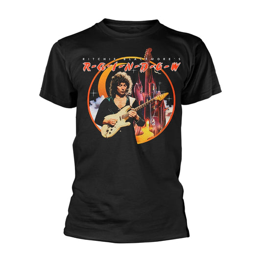Black t-shirt with a photo of Ritchie Blackmore playing guitar.