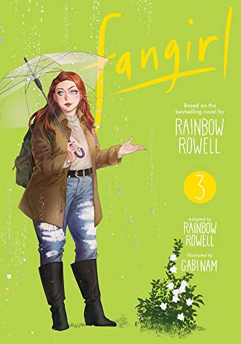 A young woman with red hair holds an umbrella on a light green background.