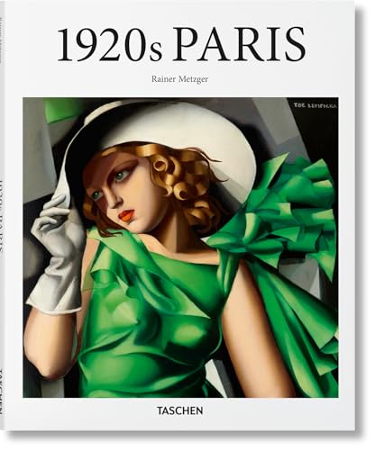 Book cover: woman in green dress and white hat, Art Deco style.