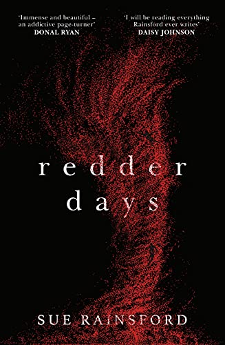 Book cover for "Redder Days" by Sue Rainsford, with red swirling design.