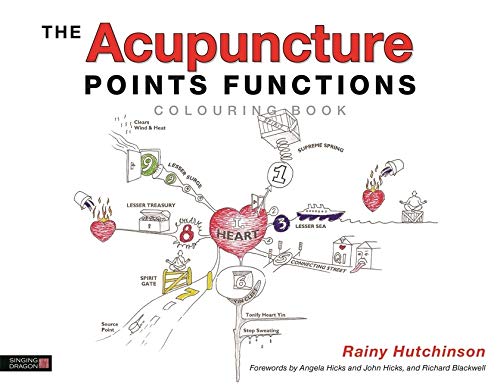 Acupuncture points colouring book cover with anatomical sketches and numbers.