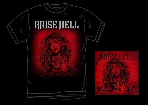 Black t-shirt and CD cover with a red demonic portrait.