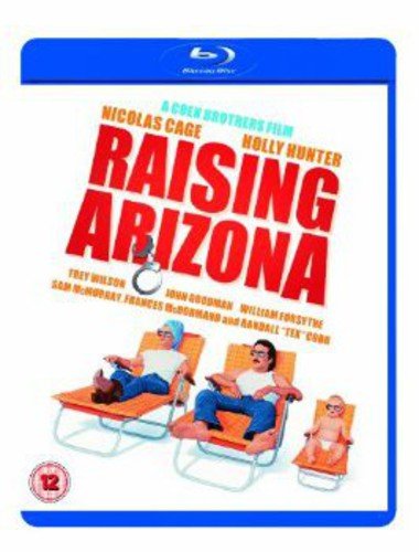 Raising Arizona" Blu-ray cover with Nicolas Cage, Holly Hunter, and a baby.