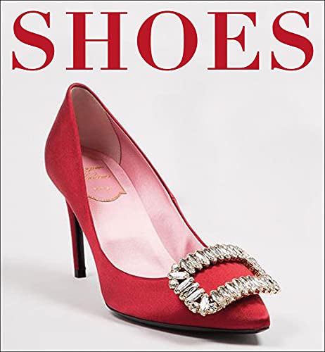 Red high-heeled pump with a jeweled buckle, against a red background.