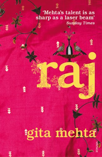 Book cover for “Raj” with gold lettering, floral patterns, and birds.
