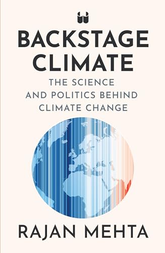 Book cover titled Backstage Climate by Rajan Mehta featuring a globe with vertical stripes.