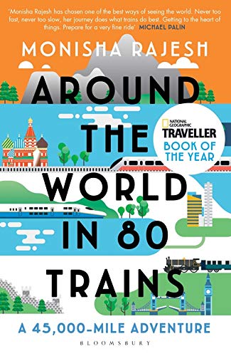 Book cover: “Around the World in 80 Trains” with illustrated train and landmarks.