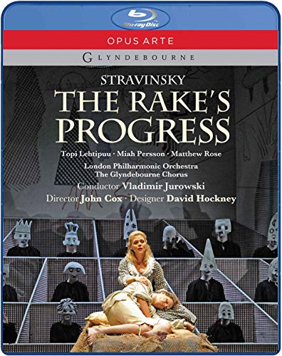Blu-ray cover for Stravinsky’s “The Rake’s Progress” opera with stage imagery.