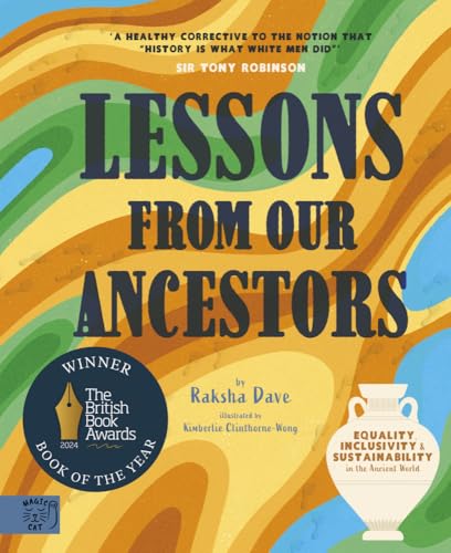 Book cover titled Lessons From Our Ancestors with abstract wavy background and award seal.