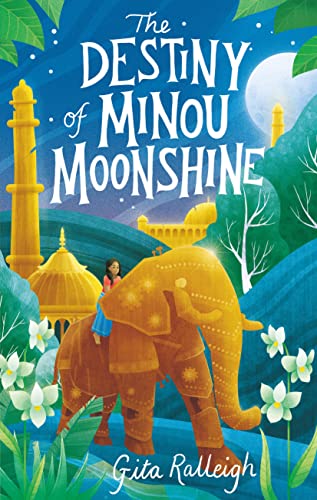 Book cover: girl riding an elephant near golden buildings under a moon.