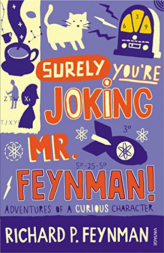 Book cover: "Surely You're Joking Mr Feynman" with playful, colorful illustrations.