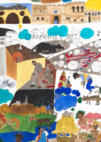 Colorful, collage-style painting with figures, buildings, and animals.