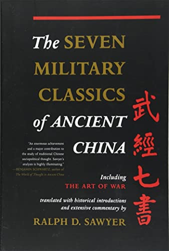 Black book cover with gold and red text: "The Seven Military Classics of Ancient China.