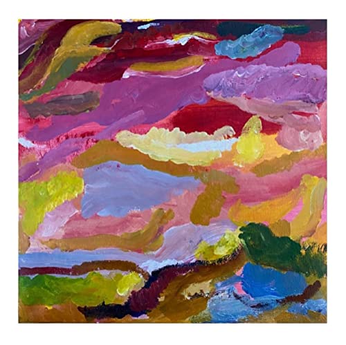 Abstract painting with layered brushstrokes in red, pink, and purple hues.