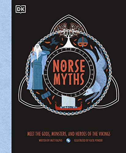 Book cover for “Norse Myths” featuring Viking imagery and a white-bearded god.