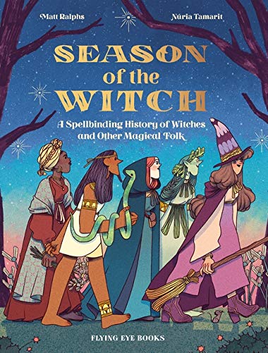 Book cover depicting five stylized figures representing witches and magical folk.