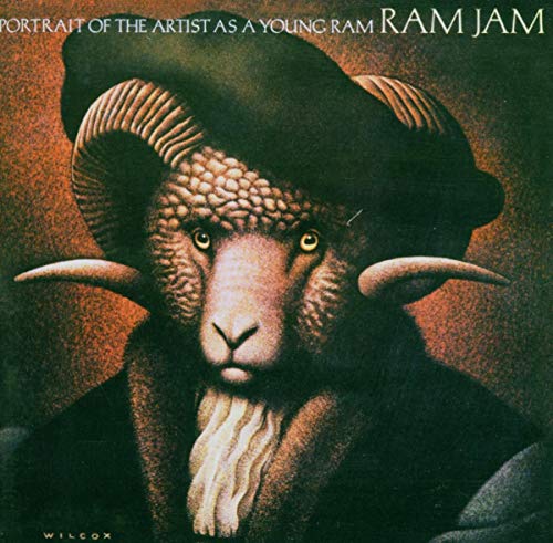 Painting of a ram wearing a dark beret and coat against a dark background.