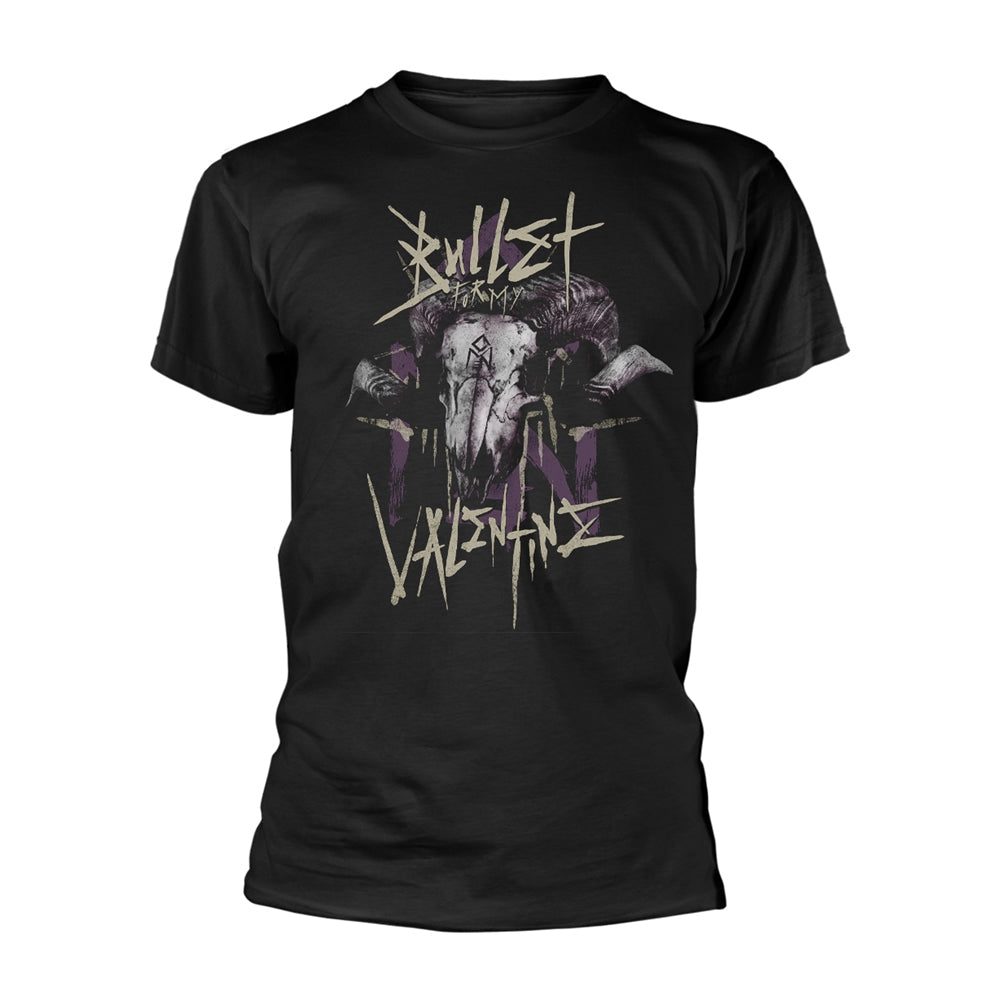 Black t-shirt with a skull, horns, and band logo graphic.