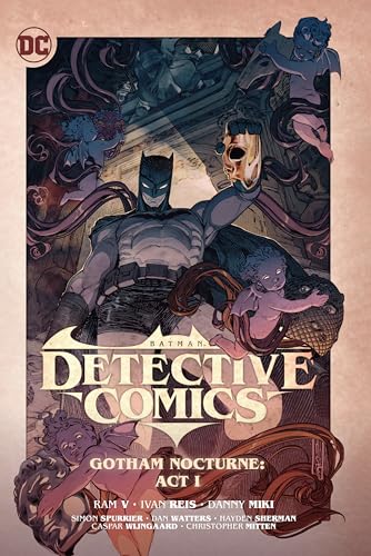 Batman stands with figures in swirling purple and blue, comic book cover.