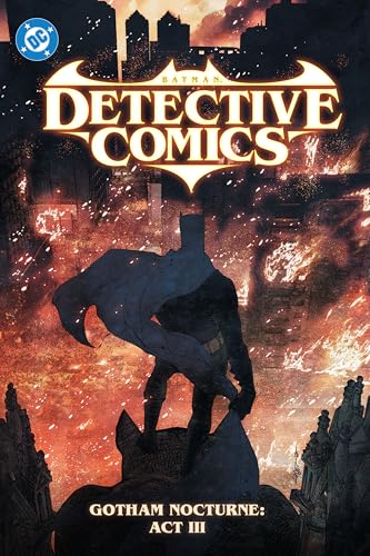 Batman stands silhouetted against a fiery, gothic Gotham City skyline.