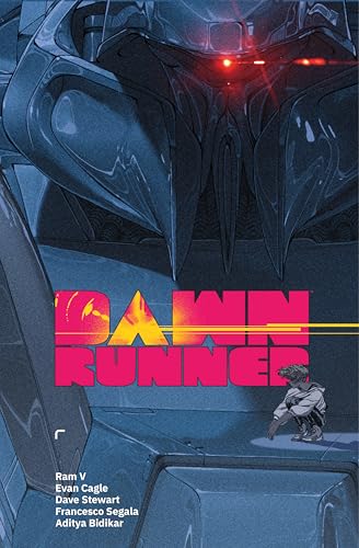 Book cover for "Dawnrunner" featuring a large robotic face and small figure.