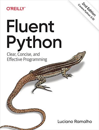 Book cover of Fluent Python, 2nd Edition, featuring a lizard illustration on white background.