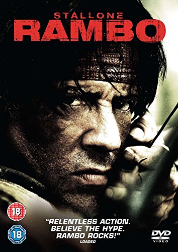 DVD cover featuring Sylvester Stallone as Rambo, holding a bow and arrow, with red title.