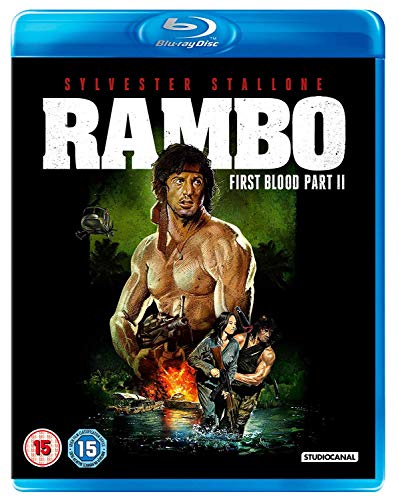 Blu-ray cover for "Rambo: First Blood Part II" featuring Sylvester Stallone.