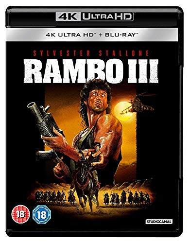 Rambo III 4K Ultra HD and Blu-ray cover art featuring Sylvester Stallone on horseback.