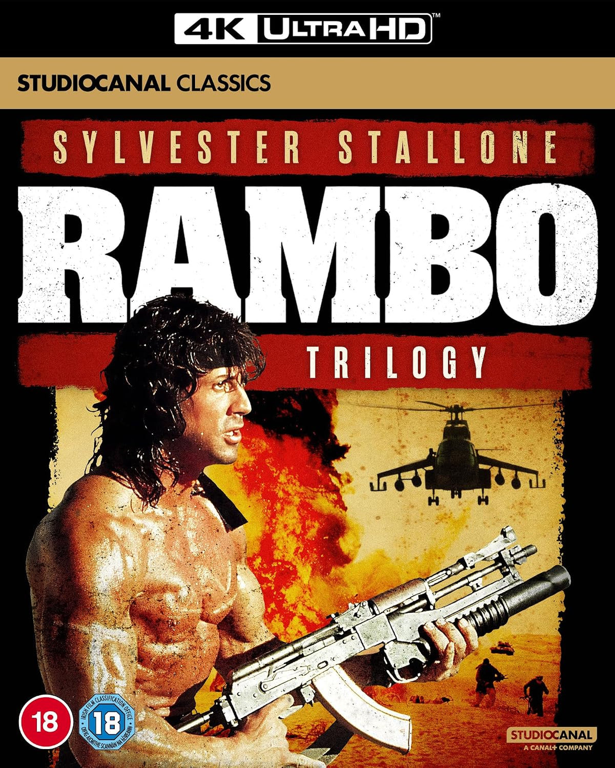 Rambo Trilogy UHD Blu-ray cover featuring Sylvester Stallone with a rifle.
