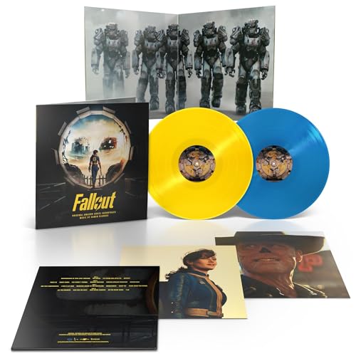 Fallout vinyl soundtrack: colorful records, gatefold cover, and character imagery.