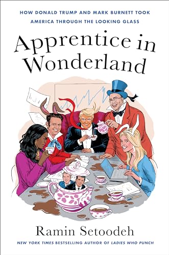 Book cover illustration featuring Donald Trump and others in a Mad Hatter tea party scene.