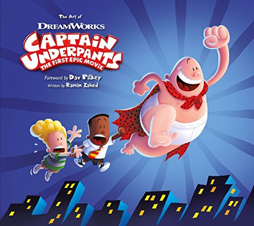 Captain Underpants art book cover featuring characters flying over a city.