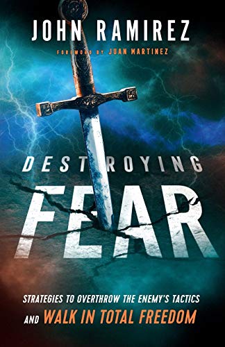 Book cover with a sword piercing the title "Destroying Fear" against a stormy sky.