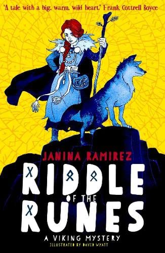 A girl with red hair and a wolf stand on a rock against yellow background.