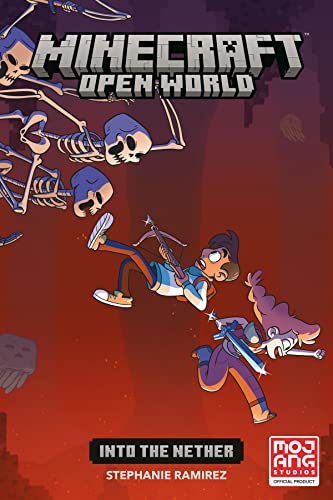 Minecraft book cover featuring a boy, skeletons, and a fiery Nether backdrop.